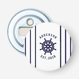 Modern nautisch wiel en marine blauw gestreept op  button flesopener