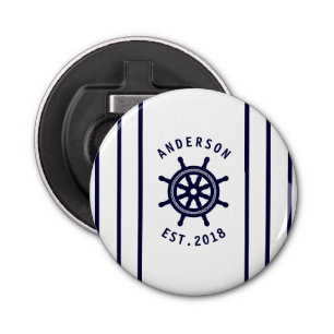 Modern nautisch wiel en marine blauw gestreept op  button flesopener