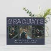 Modern Navy 3 Photo Graduation Announcement  Kaart (Staand voorkant)