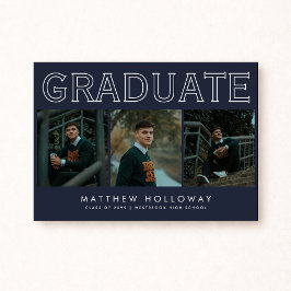 Modern Navy 3 Photo Graduation Announcement  Kaart