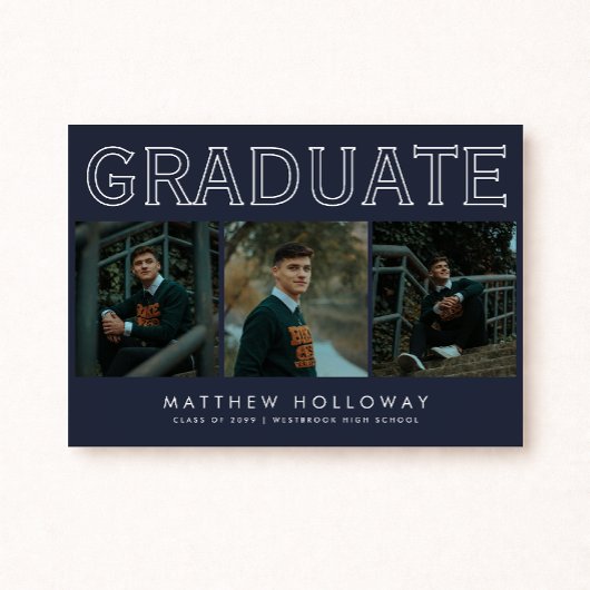 Modern Navy 3 Photo Graduation Announcement  Kaart