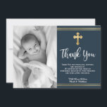 Modern Navy and Gold Blue Baptism Thank You Cards Bedankkaart<br><div class="desc">Modern Minimalist Elegant Navy blue christening and baptism thank you cards. Send thanks to family and friends with this modern personalized thank you religious flat card. It features hand lettered ”Thank You” script, around double faux gold foil frame on navy background. This modern beautiful photo thank you card will also...</div>