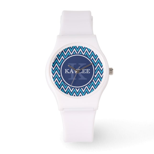 Modern Navy Aqua Blue Chevron en Monogram Horloge (Voorkant)