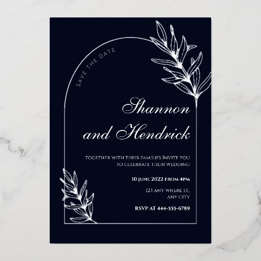 Modern Navy Arch Line Art Design | Zilver Folie Uitnodiging (Voorkant)