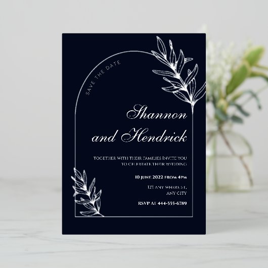 Modern Navy Arch Line Art Design | Zilver Folie Uitnodiging (Staand Voorkant)