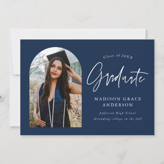 Modern Navy Arch Photo Afstuderen Aankondiging (Voorkant)