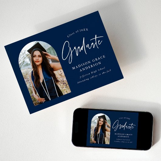 Modern Navy Arch Photo Afstuderen Aankondiging