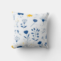 Modern Navy Blauw en Geel Bloemen Sierkussen