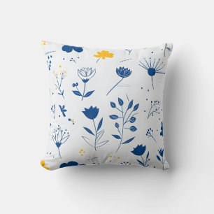 Modern Navy Blauw en Geel Bloemen Sierkussen