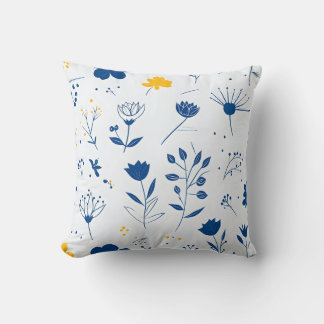 Modern Navy Blauw en Geel Bloemen Sierkussen