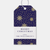 Modern Navy Blauw en Goud Sneeuwvlok Kerstmis Cadeaulabel (Voorkant)
