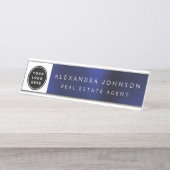 Modern Navy blauw en wit met Logo, naam, titel Bureau Naambordje (Voorkant)