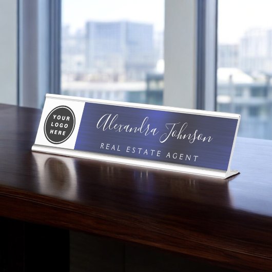Modern Navy blauw en wit met Logo, naam, titel Bureau Naambordje