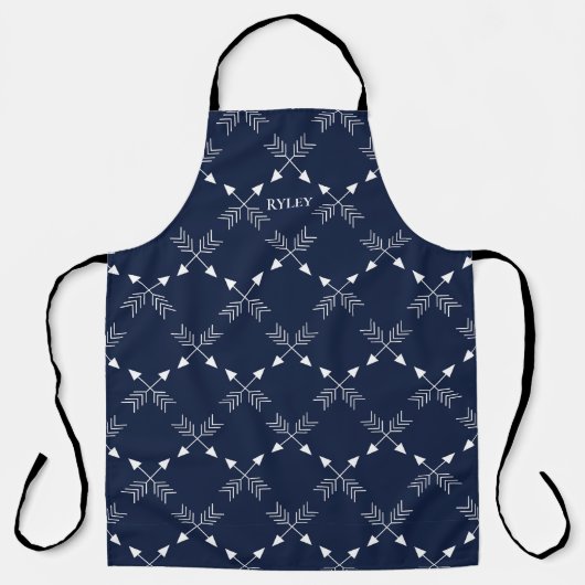 Modern Navy blauw en wit pijlpatroon Monogram Schort (Voorkant)