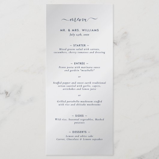 Modern Navy blauw en zilver bruiloft menu (Voorkant)