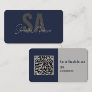 Modern Navy blauw en zilver met QR-code   Visitekaartje