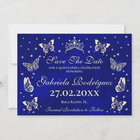 Modern Navy Blauw Goud 15e Verjaardag Quinceañera Save The Date (Voorkant)