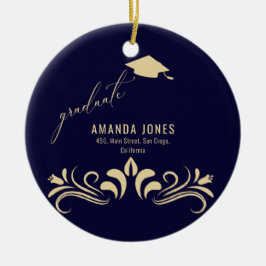 Modern Navy Blauw Goud Afstudeerder Pet Afstuderen Keramisch Ornament