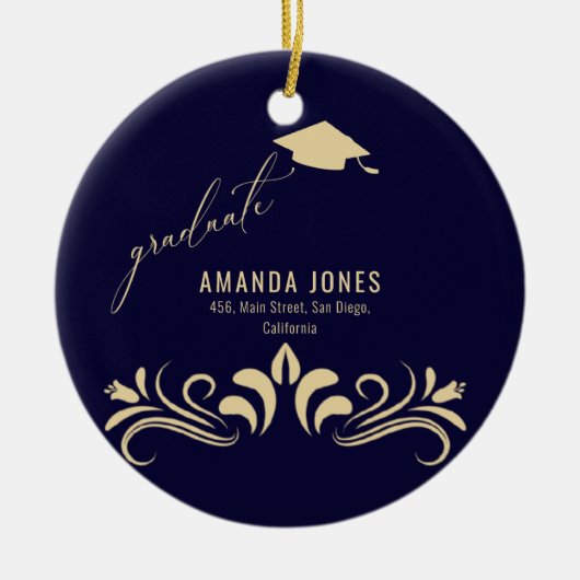 Modern Navy Blauw Goud Afstudeerder Pet Afstuderen Keramisch Ornament (Voorkant)