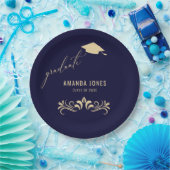 Modern Navy Blauw Goud Afstudeerder Pet Afstuderen Papieren Bordje (Feest)