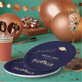 Modern Navy Blauw Goud Afstudeerder Pet Afstuderen Papieren Bordje