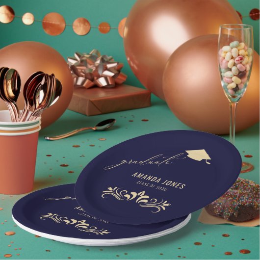Modern Navy Blauw Goud Afstudeerder Pet Afstuderen Papieren Bordje (Multi)
