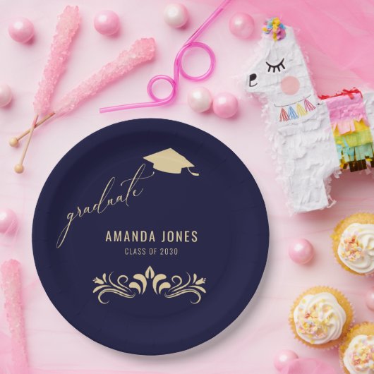 Modern Navy Blauw Goud Afstudeerder Pet Afstuderen Papieren Bordje (Feest)