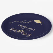 Modern Navy Blauw Goud Afstudeerder Pet Afstuderen Papieren Bordje (Gekanteld)
