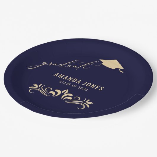 Modern Navy Blauw Goud Afstudeerder Pet Afstuderen Papieren Bordje (Gekanteld)