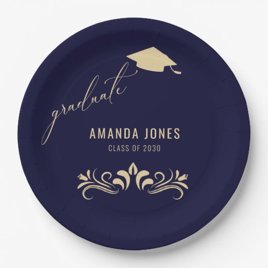 Modern Navy Blauw Goud Afstudeerder Pet Afstuderen Papieren Bordje (Voorkant)