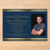 Modern Navy Blauw Goud Afstuderen Foto Acryl Uitnodigingen (Voorkant)