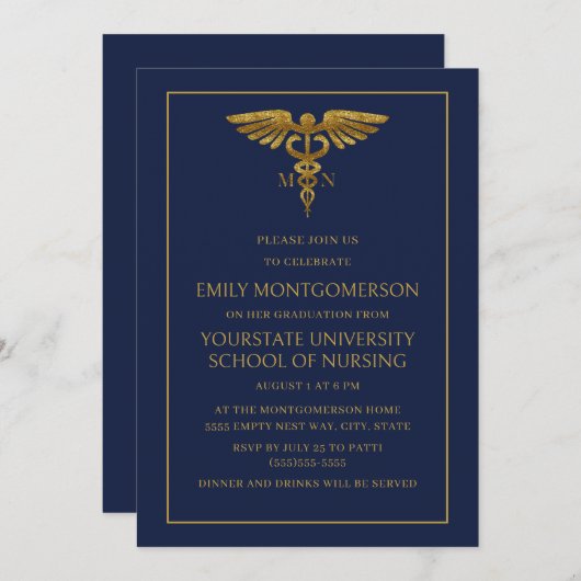 Modern Navy Blauw Goud Verpleegschool MN Afstudere Kaart (Voorkant / Achterkant)