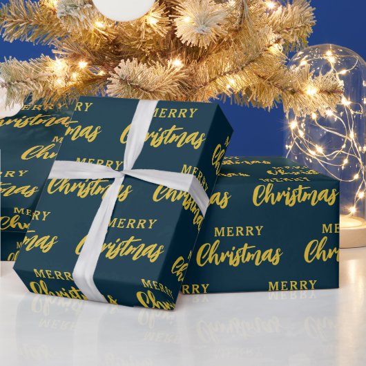 Modern Navy Blauw Goud Vrolijk Kerstmis Script Cadeaupapier (Feestdagen)