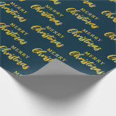 Modern Navy Blauw Goud Vrolijk Kerstmis Script Cadeaupapier (Hoek)