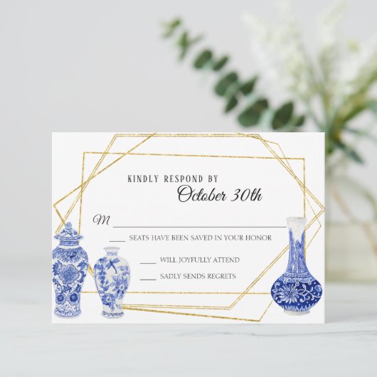  Modern Navy Blauw Gouden Vaas Gember Jar RSVP Kaart (Staand voorkant)