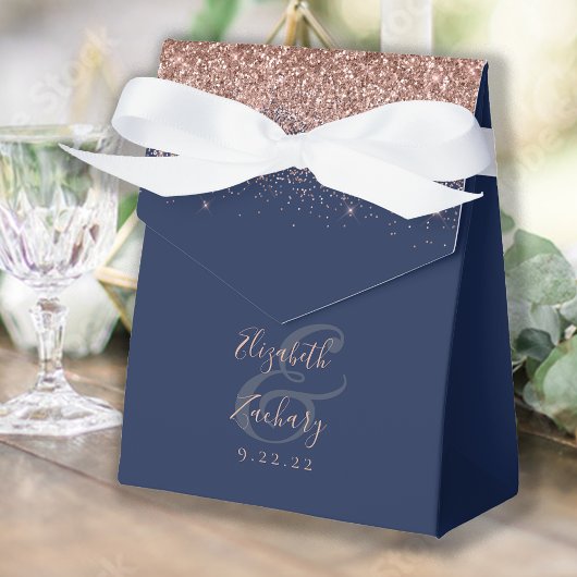 Modern Navy Blauw Roos Gouden Glitter Bruiloft Bedankdoosjes