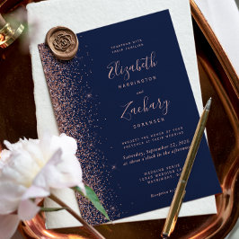 Modern Navy Blauw Roos Gouden Glitter Bruiloft Kaart