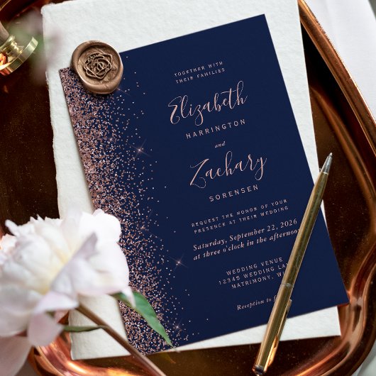Modern Navy Blauw Roos Gouden Glitter Bruiloft Kaart