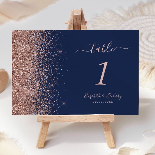 Modern Navy Blauw Roos Gouden Glitter Bruiloft Kaart