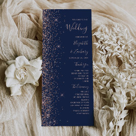 Modern Navy Blauw Roos Gouden Glitter Bruiloft Programmakaart