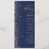 Modern Navy Blauw Roos Gouden Glitter Bruiloft Programmakaart (Voorkant)