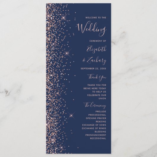 Modern Navy Blauw Roos Gouden Glitter Bruiloft Programmakaart (Voorkant)