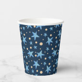 Modern Navy Blauw Star Patroon Jongensfeestje Papieren Bekers (Voorkant)