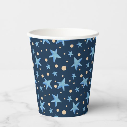 Modern Navy Blauw Star Patroon Jongensfeestje Papieren Bekers (Voorkant)