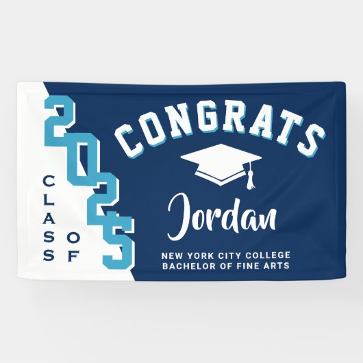 Modern Navy Blauw Wit 2025 Graduation Party Spandoek (Horizontaal)