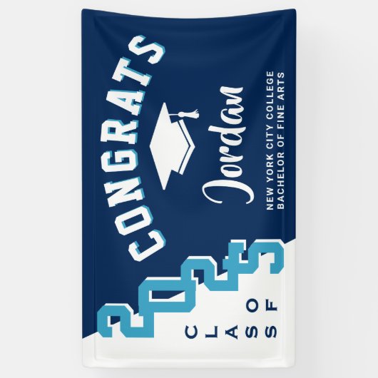 Modern Navy Blauw Wit 2025 Graduation Party Spandoek (Verticaal)