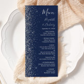 Modern Navy Blauw Zilver Glitter Edge Bruiloft Menu