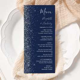 Modern Navy Blauw Zilver Glitter Edge Bruiloft Menu