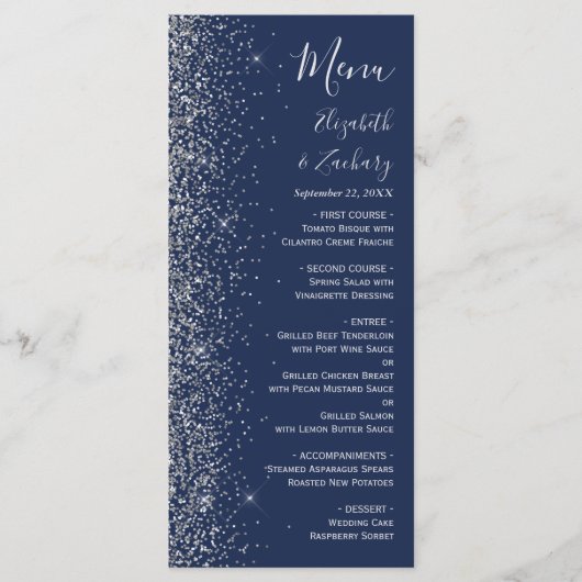 Modern Navy Blauw Zilver Glitter Edge Bruiloft Menu (Voorkant)