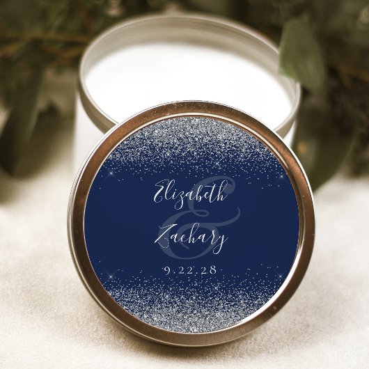 Modern Navy Blauw Zilver Glitter Edge Bruiloft Ronde Sticker